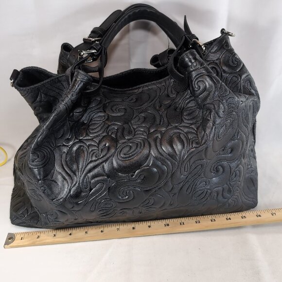 Isadora Italy Tooled Leather Purse Black Large Shoulder Bag Tote Swirls MSRP$425 - Picture 10 of 16